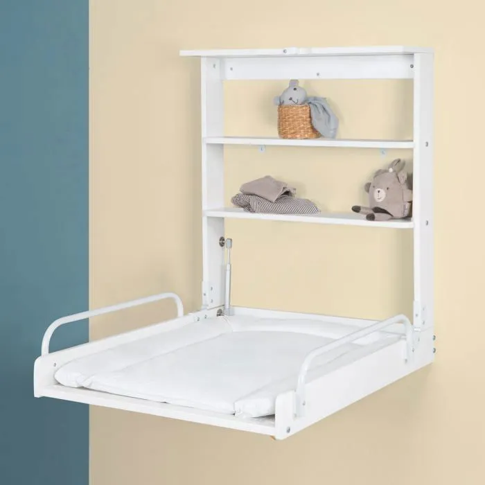 ROBA Table à Langer Murale Pliante avec Étagères et Matelas à Langer Imperméable Résistant - Facile à Installer - Bois Blanc-1