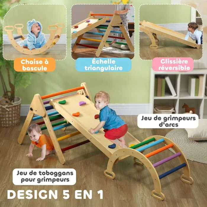 5 en 1 Triangle arche d'escalade enfants - AIYAPLAY - avec rampe d'escalade réversible, toboggan, bascule - multicolore-4