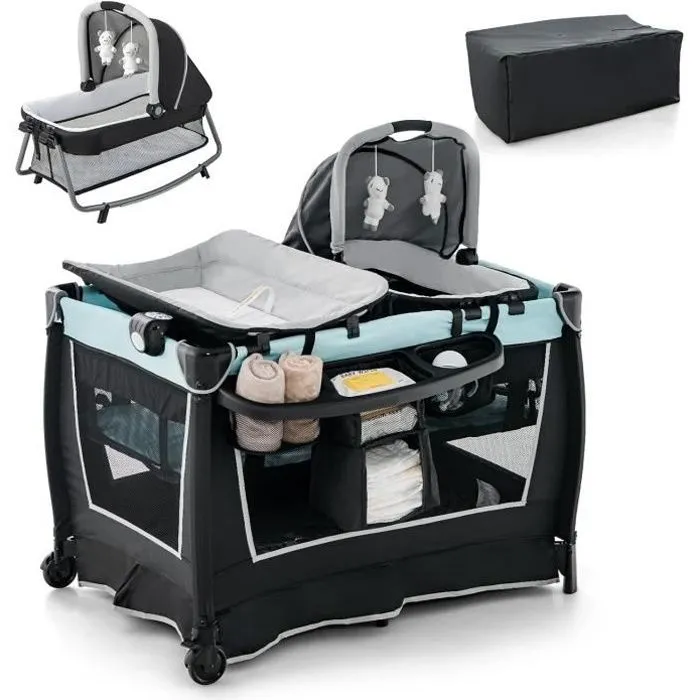 COSTWAY Lit Parapluie Bébé avec Matelas 6 en 1,Barre Détachable avec Auvent Réglable,2 Jouets Musical et Sac Transport 0-3 Ans Vert-0