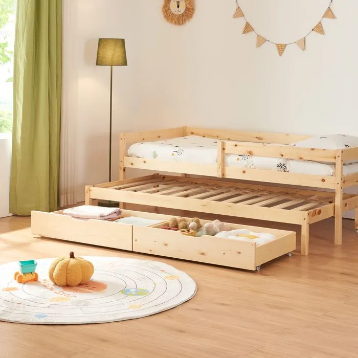 Lit gigogne pour enfant Sonkajärvi avec 2 tiroirs bois de pin 90 x 200 cm naturel-1