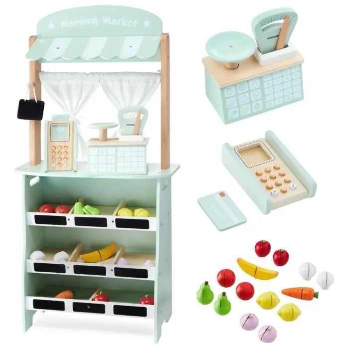 Mamabrum Marchande Enfant & Théâtre en Bois 97*48*24 cm - 2EN1 Grand Stand Vendeur - Caisse, Balance Fruits & Légumes Vert Pastel-0