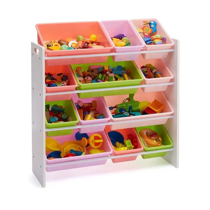 Basics - 841375 - Amazon Rangement pour jouets avec 12 bacs en plastique - Bois blanc avec bacs roses, 10.9" x 33.6" x 31.1"-1