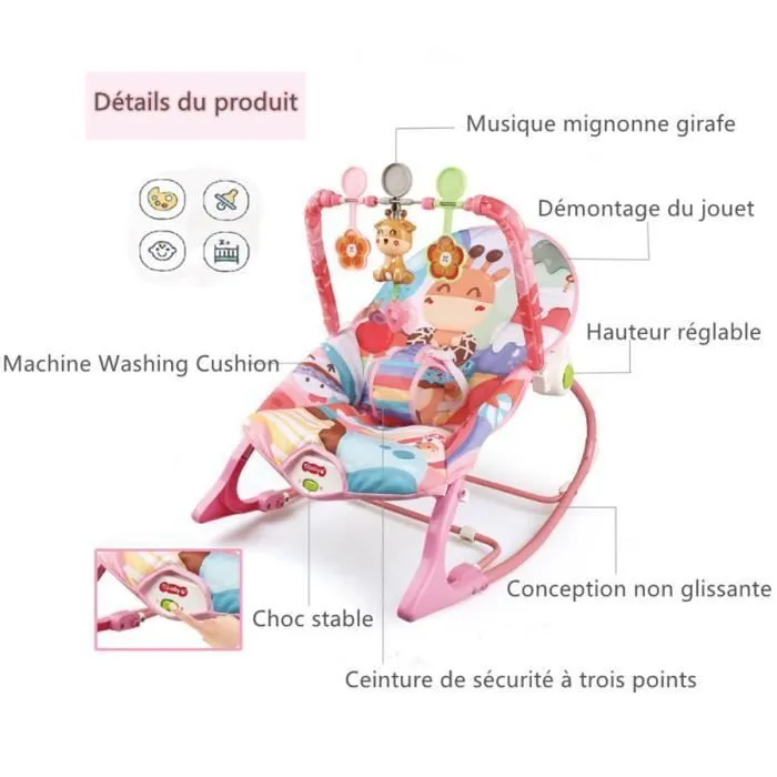 Transat bébé électrique vibrant et musical avec 3 jouets pour 0 à 3 ans bébé, Rose-1
