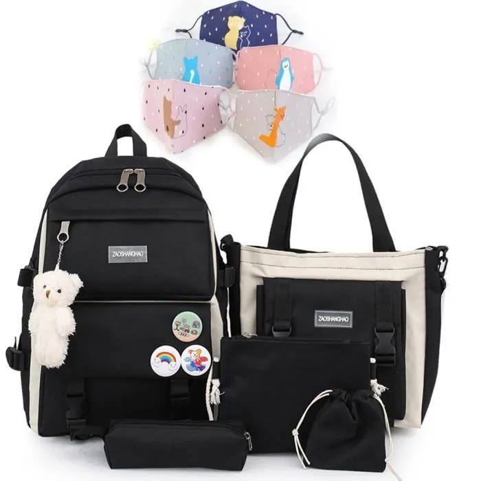 Lot de sacs à dos - RNGCPTO - Kawaii - 5 pièces - Noir - Pour filles - Collège-0