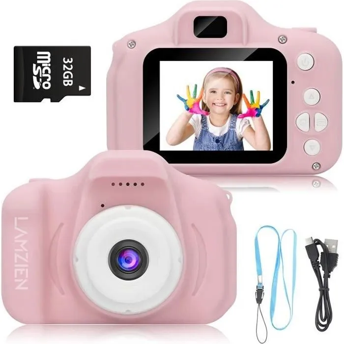 Appareil photo pour enfant LAMZIEN - 8MP/720P - Carte TF 32Go - Coque en silicone résistante aux chocs - Rose-0