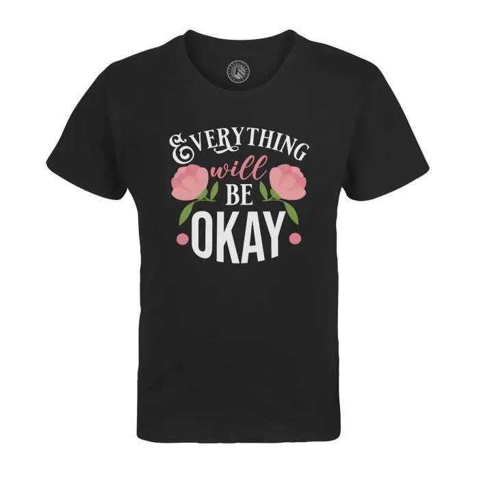 T-shirt Enfant Noir Everything will be Okay Typographie Message Self Care Bien Etre Santé-0