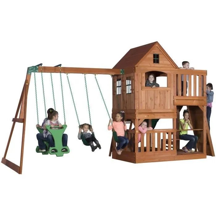 Aire de jeux en bois Backyard Discovery Hill Crest avec balançoire, toboggan, bac de sable et mur d'escalade-1