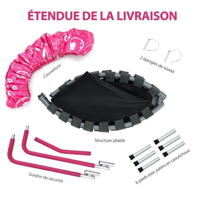 COSTWAY Trampoline Enfants Pliable Ø92cm Housse de Sécurité Matelassée,Poignée Recouverte 30 Cordes Elastiques Intérieur 150 KG Rose-3