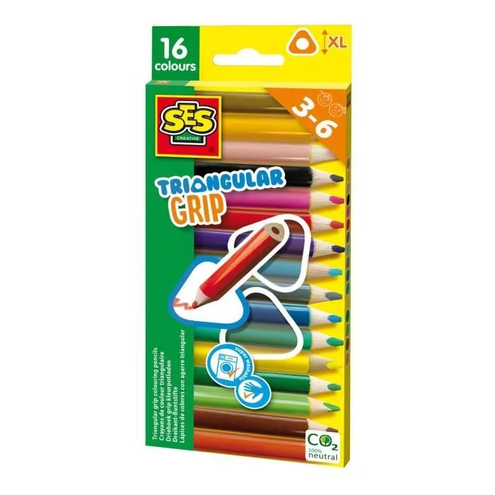 Crayons de couleur - SES Creative - Triangulaires - 16 pièces - Épais - Ergonomiques-0