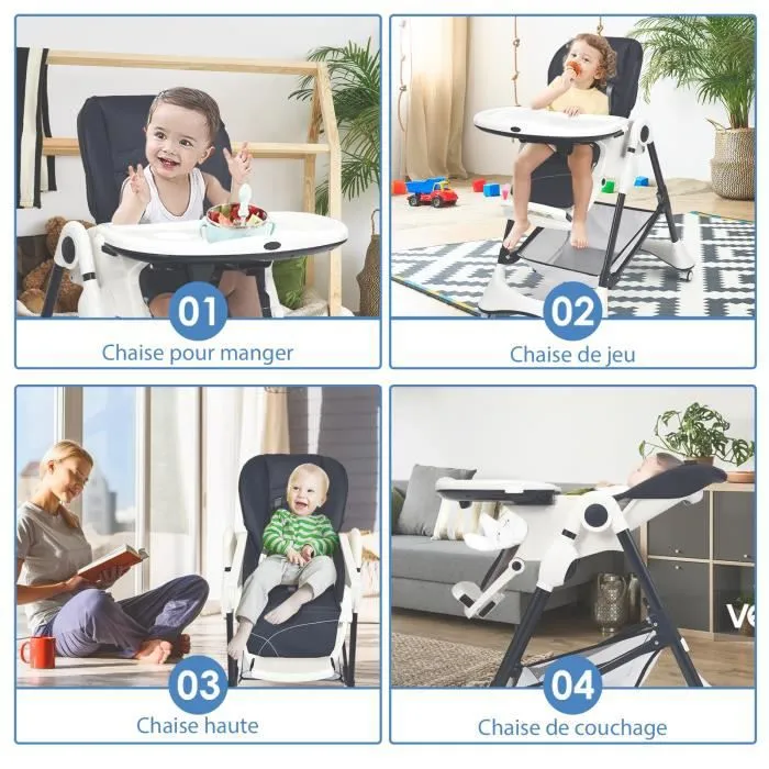 COSTWAY Chaise Haute Bébé Pliable à Bouton 4-en-1 Dossier Inclinable,Repose-pieds Hauteur Réglable Double Plateau Détachable 36 Mois-1