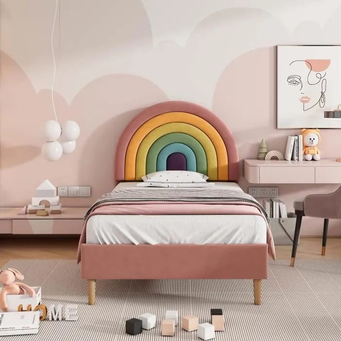 Lit enfant 90x200 cm en forme de l’arc-en-ciel, sommier à lattes, tête de lit réglable, tissu en velours, rose-1