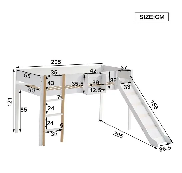 Lit mezzanine 90x200 cm avec une étagères amovible - avec échelle et toboggan - en bois de pin et MDF - Blanc-5