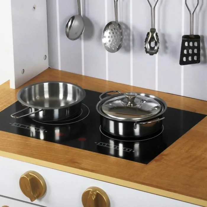 Cuisine Enfant En Bois 70*30*99,5 Mamabrum- Cuisine évolutive sur pieds, Dinette Ustensiles Tablier Frigo Micro-ondes Plaque-3