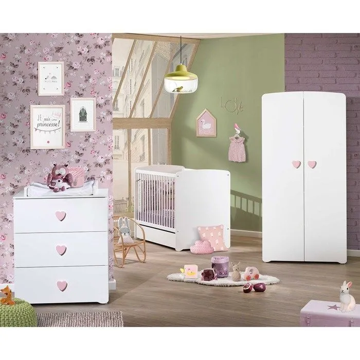 Commode à langer - Babyprice - Basic - 3 tiroirs - En bois - Boutons cœur rose-2