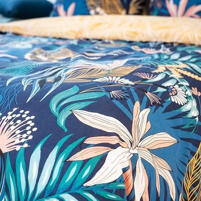 CÔTE DECO Parure de lit avec Housse de Couette 140x200cm + 1 taie d'oreiller 63x63cm Motif Feuilles Tropicales 100% Coton adouci-2