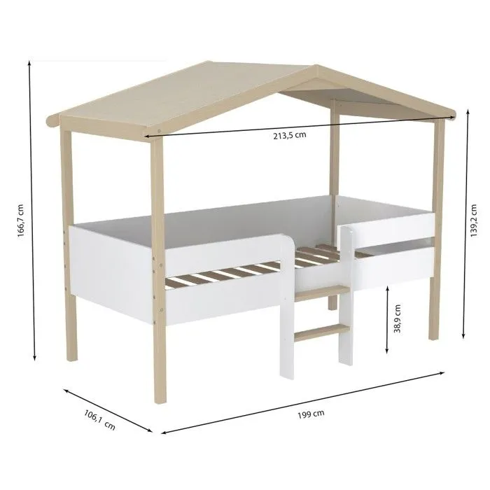 Lit cabane PILOTI 90x190 + 1sommier / Blanc et naturel-3