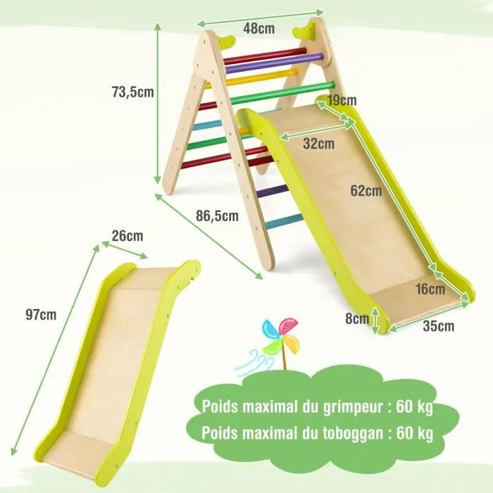 COSTWAY Toboggan 2 en 1 avec Triangle d'Escalade en Bois, Pente de Toboggan Réglable, pour Enfant 1 An +-3