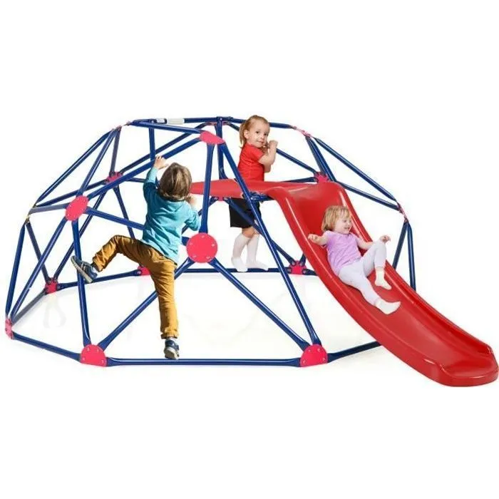 COSTWAY Dôme d'escalade avec Toboggan 241,5 x 183 x 91,5 CM, Cadre en Métal Robuste, Jouet Extérieure pour Enfants 3-10 Ans Rouge-0