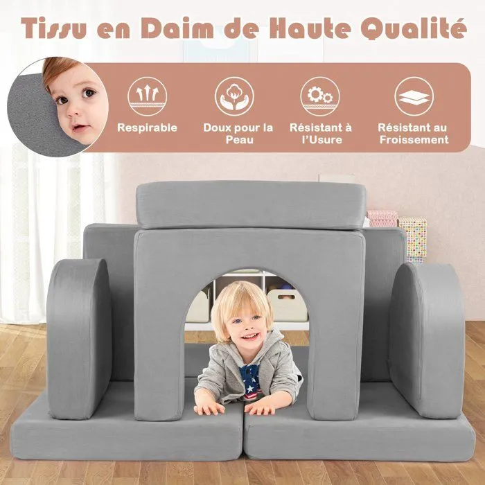 COSTWAY Canapé Bebe Modulaire pour Enfants 8 Pièces Convertible en Mousse, pour Grimper et Ramper, Tissu en Daim Confortable Gris-4