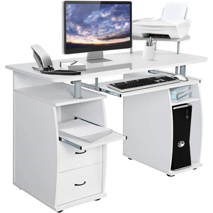 COSTWAY Bureau Informatique avec Rangement Imprimante, 2 Tiroirs, Coulissant Clavier, Table d'Ordinateur Blanc-0