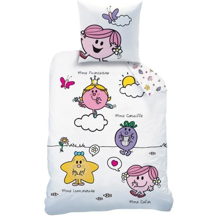 Housse de couette et taie d'oreiller - MONSIEUR MADAME - HAPPY LIFE - 100% Coton - Blanc-1