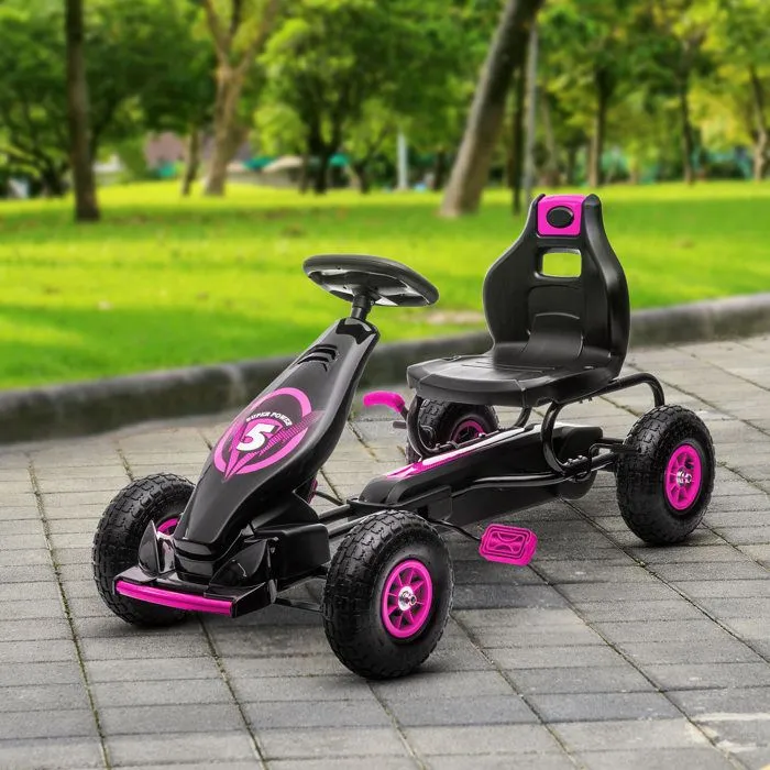 Kart à pédales pour enfant HOMCOM Go-kart siège réglable 3 positions frein à main pneus antidérapant enfant de 5 à 12 ans rose noir-2