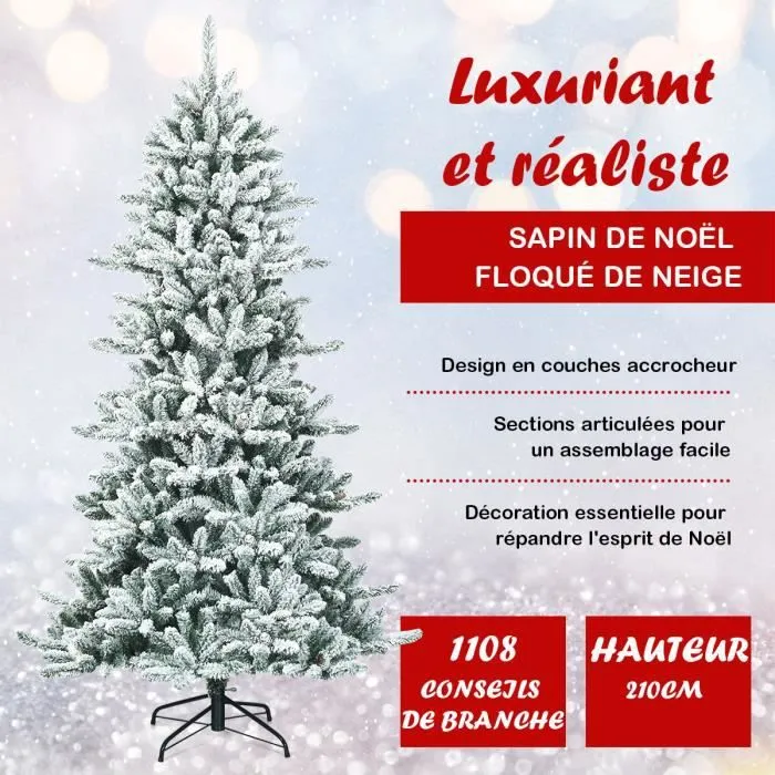 COSTWAY Sapin de Noël Artificiel Flocons de Neige 210cm avec 1108 Pointes Support Métallique Pliable Pomme de Pin Décoration de Fête-1