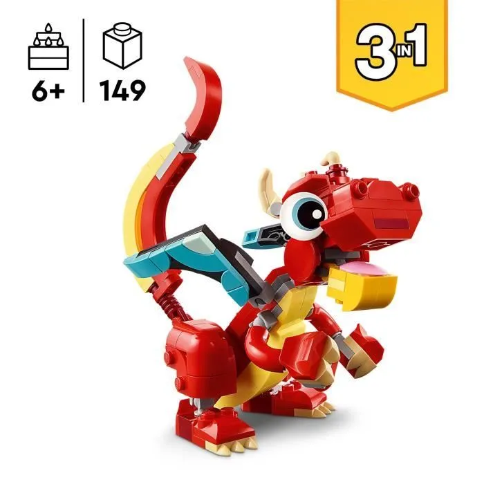 LEGO® 31145 Creator 3en1 Le Dragon Rouge; Jouet avec 3 Figurines d'Animaux, dont un Dragon Rouge, un Poisson et un Phénix-1