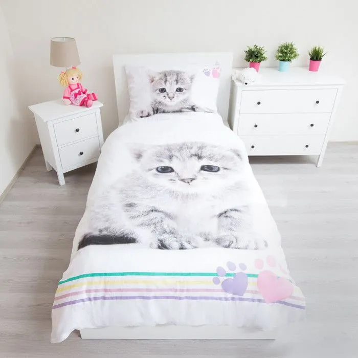 Parure de lit - Chaton Gris - 100% coton - Lavable en machine - Pour lit une personne-1