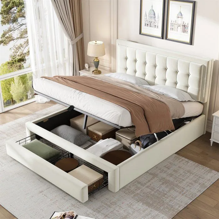 Lit coffre 140×190 cm,Lit rembourré avec sommier à lattes et tête de lit, lit double,beige-2