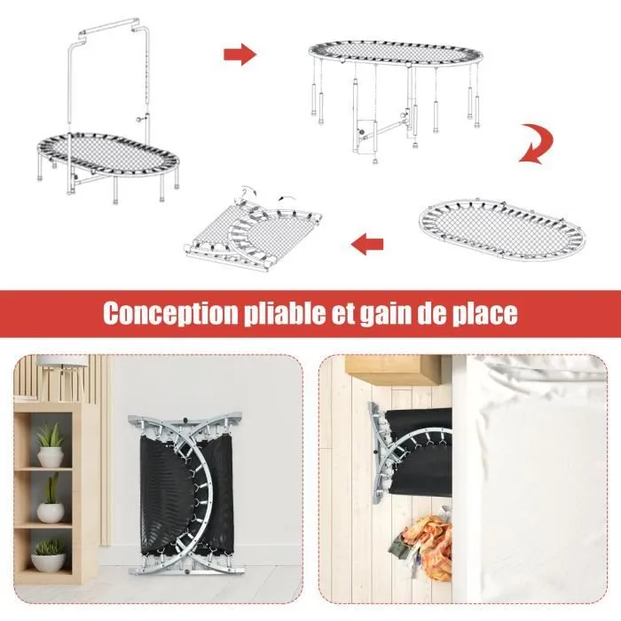 COSTWAY Trampoline Enfants Pliable Intérieur/Extérieur avec Main Courante Ajustable Coussin Tapis de Saut Charge 150kg Rouge-1