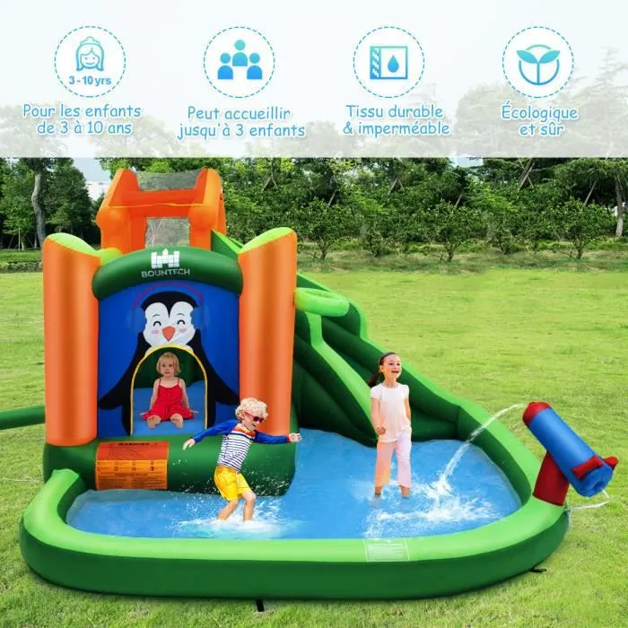 COSTWAY Château Gonflable Motif de Pingouin avec Souffleur 680W Toboggans Aquatiques,Canon à Eau,Panier de Basket-ball 3-10 Ans Vert-3