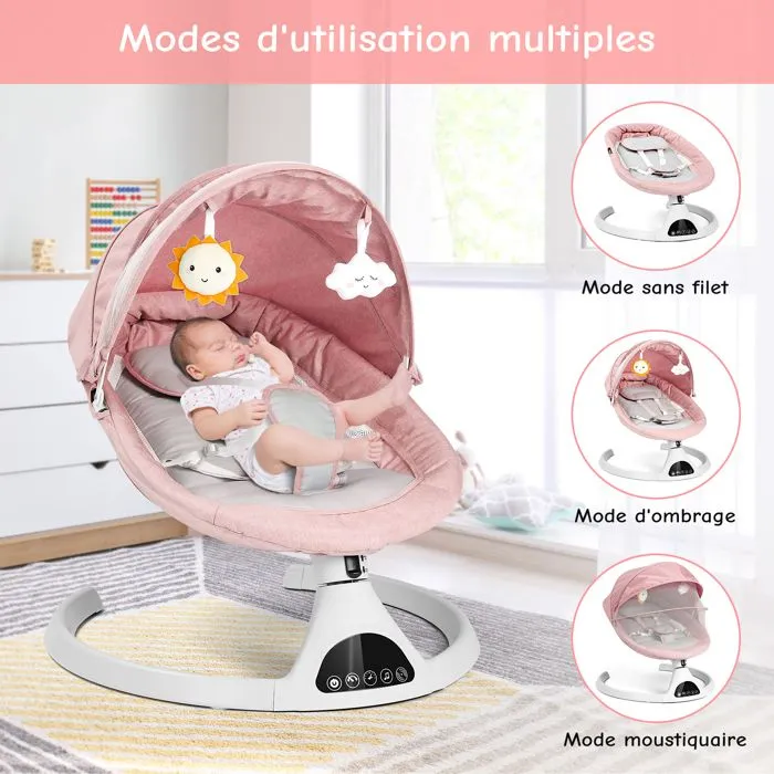 Balancelle bébé, Transat électrique avec télécommande, 5 amplitudes de balançoire et musique Bluetooth, Rose-3
