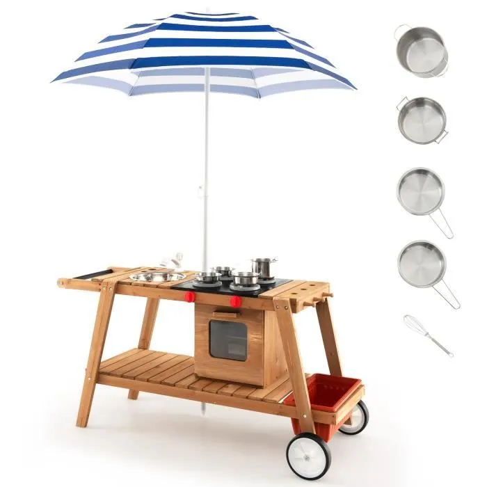 COSTWAY Marchande Enfant avec 6 Accessoires-Voiture Restaurant avec Parasol pour Vendeurs Ambulants Bois 114x48x66CM, Rayures Bleues-0