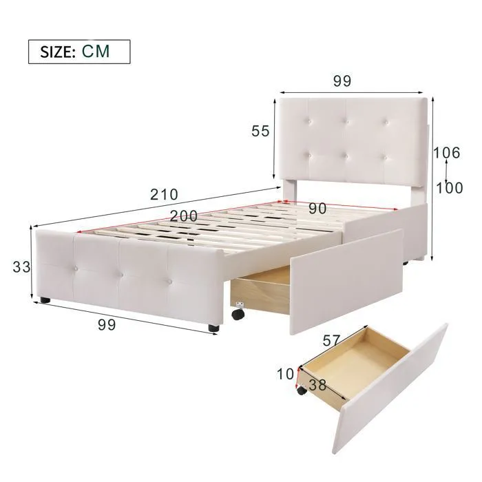 Lit 90x200cm, lit d'enfant et d'adolescent, avec 2 tiroirs, sommier à lattes, tête de lit, pas matelas, tissu velours beige-3