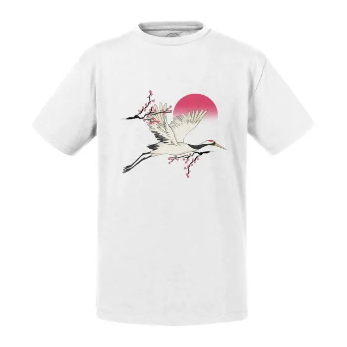 T-shirt Enfant Blanc Grue du Japon Oiseau Asie Faune Sakura-0