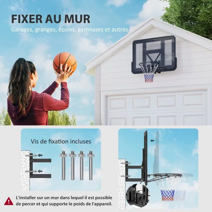 Panier de basket - SPORTNOW - mural - avec panneau incassable - cerceau en acier et filet indéchirable - vis de montage - noir-4