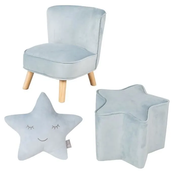 ROBA Fauteuil et Pouf Enfant Lil Sofa + Coussin Décoratif Étoile - Ensemble en Velours - Bleu clair-0