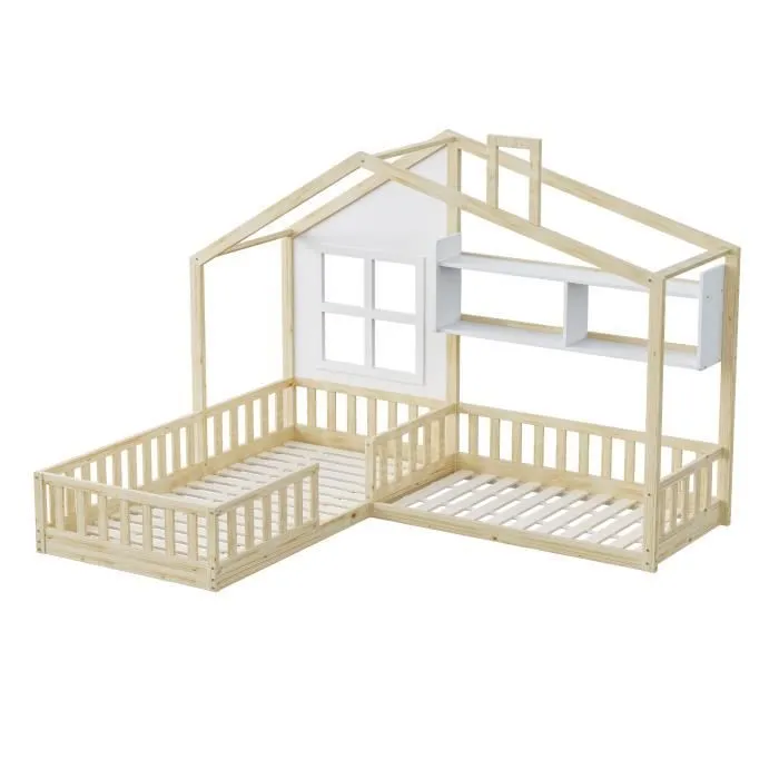 Lit cabane - Enfant - 90x200cm - Bois massif - 2 places - Avec étagères-2