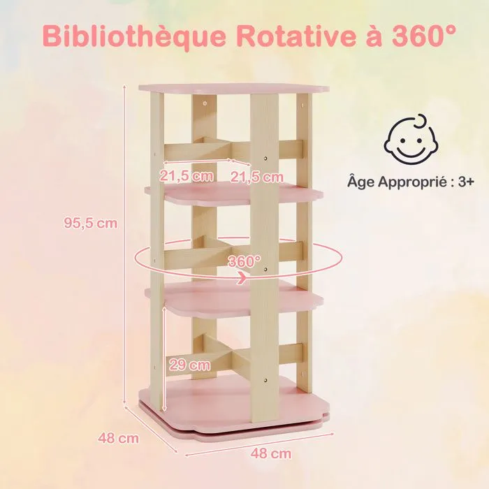 COSTWAY Bibliothèque Rotative à 360° - Étagère à Livres pour Enfants à 3 Niveaux avec 12 Compartiments 48 x 48 x 95,5 cm-5