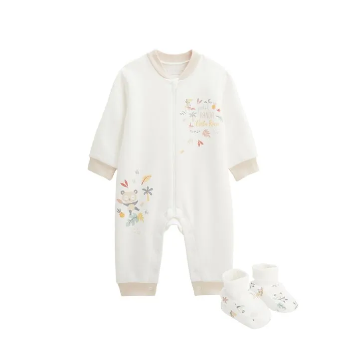 Combinaison bébé - Baby Panda - Ecru - Molleton chaud - Chaussons douillets - Mixte-0
