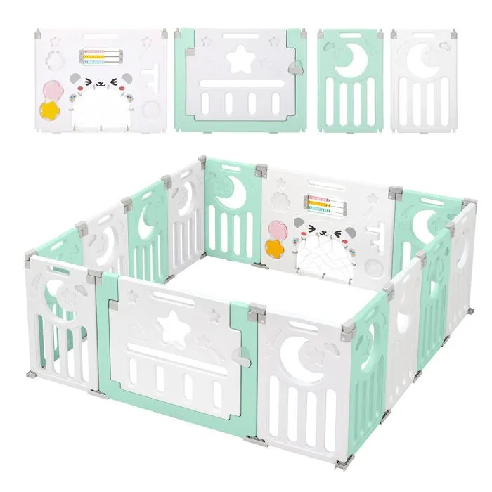 Parc Bébé - XL - Vert - Plastique Ecologique - 0 à 3 ans - 14 Panneaux - 150×150cm - Pliable-0