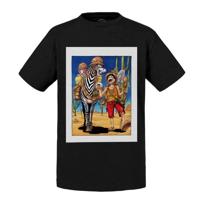 T-shirt Enfant Noir One Piece Luffy Zebra Manga Anime Peinture-0