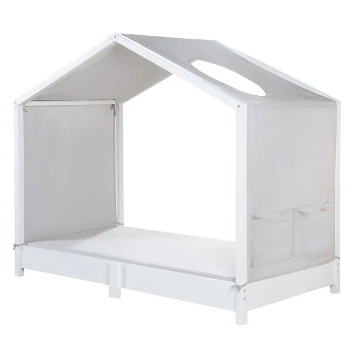 Toile de Lit Cabane Montessori 70x140 - ROBA - avec 2 Poches de Rangement et Fenêtre de Toit - Gris Clair-0