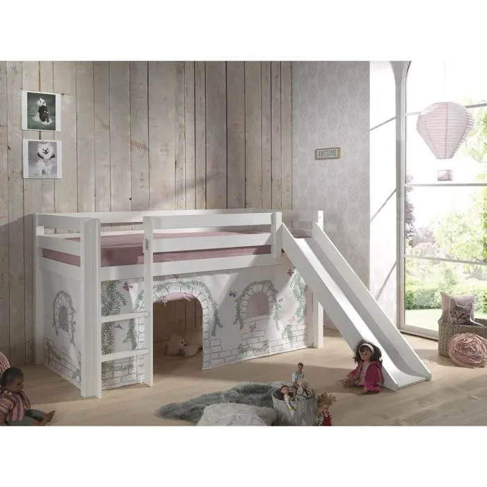 Lit mi-hauteur Astrid blanc avec toboggan et tente de lit Spring - VIPACK - en pin massif - pour enfant-2
