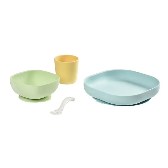 BEABA Set vaisselle silicone repas bébé, 4 pièces, avec ventouse, anti-dérapant, jaune-1