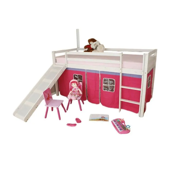 Lit Simple Blanc 90x200 en hauteur avec echelle et rideau et toboggan Fuchsia-0