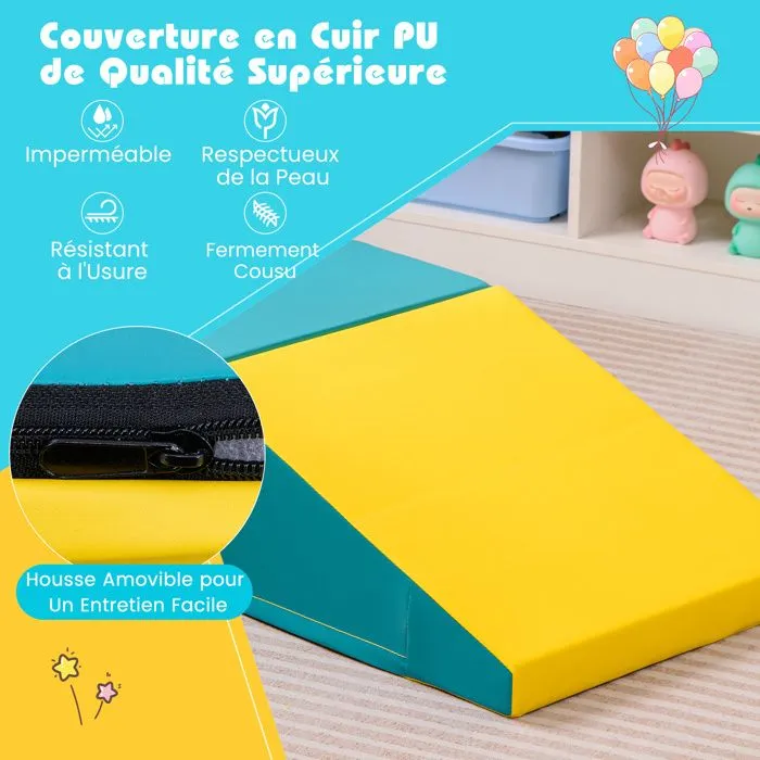 2PCS Module Motricité Bébé en Mousse COSTWAY-Bloc de Construction Housse en PU Amovible-Attache Auto-aggrippant-Jaune + Vert-3