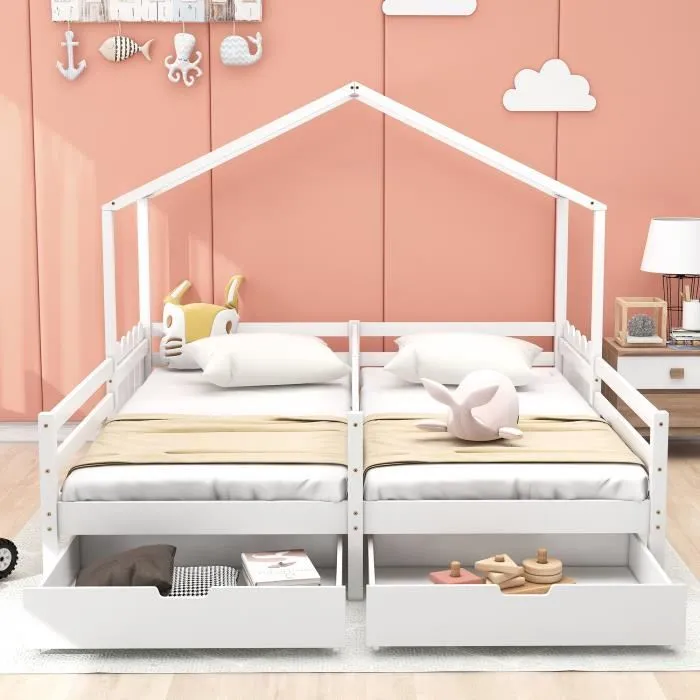 Lit cabane enfant 200x90cm, lit double avec 2 tiroirs en MDF, tiroirs sur roulettes, sommier à lattes en pin, blanc-1