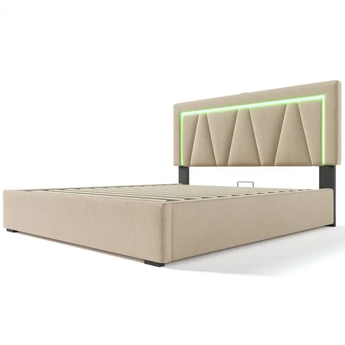 ModernLuxe Lit coffre rembourré 140x200cm avec LED et Port de charge USB et Type-C - tissu en lin - sommier à lattes - Beige-2